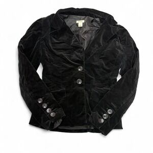 Black velvet blazer with button-up front and long sleeves